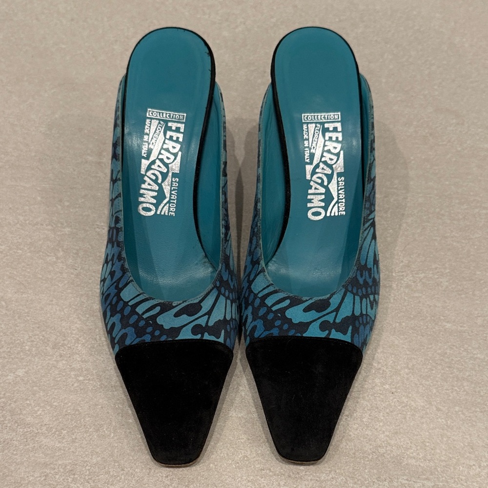 Salvatore Ferragamo Teal and Black Mules